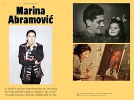 A biographical page about performance artist Marina Abramović on a yellow background. On the left is a large, contemporary portrait of her with a short biography below. On the right are two historical photos: a top black-and-white image shows her as a child with her father in 1950, and a bottom image shows her as a young woman painting in her studio in 1968.