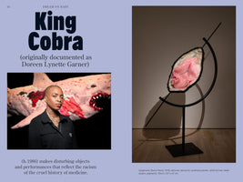 A magazine page about the artist King Cobra, formerly Doreen Lynette Garner, against a pale purple background. On the left, a photo shows the artist, a Black person with a shaved head, in front of a grotesque, fleshy shark sculpture. On the right is a photo of their sculpture, Epigenetic Nacre Noire: a large, pink, vulva-like form with a black furry border, mounted on a black metal stand. Text explains their art addresses racism in medical history.