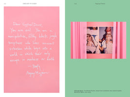 A two-page book spread about the artist Vaginal Davis. The left page is pink and displays a handwritten letter addressed to Davis, calling her a manipulative, filthy black jungle temptress. The right page is green and shows a diptych of Davis in performance with blonde braids, framed by pink curtains. One image shows her bowing her head, and the other shows her singing into a microphone.