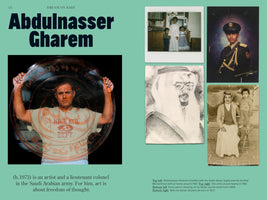 A magazine page about Saudi artist Abdulnasser Gharem on a light green background. On the left, a large photo shows Gharem holding a giant, clear, circular stamp. On the right is a collage of four personal photos: Gharem as a child with his siblings, a formal portrait of him in military uniform, a pencil drawing of his father, and a sepia photo of him as a toddler with his father. Text on the page provides a short biography and captions.