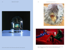 A two-page book spread on the art of Lynn Hershman Leeson. The left page, with a pale blue background, shows a monitor with a woman's face under a glass bell jar. The right page, with a white background, shows two images: a mannequin head with a grey wig and butterfly clips, and a film still of three women in colorful silk pajamas on a bright red bed.