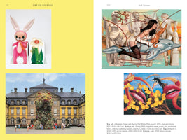 A two-page spread from an art book about artist Jeff Koons. The left page, on a yellow background, shows an inflatable pink bunny and a massive floral puppy sculpture in front of a palace. The right page shows two collage-style paintings: one of a woman in lingerie riding a dolphin among classical statues, and another of surreal, colorful lips and abstract shapes. A caption at the bottom lists the titles of the four artworks.
