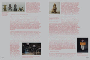 A two-page spread from an art book, pages 156 and 157, displaying black text with red-orange headings and four color photographs of various sculptures. The artworks pictured include five small, abstract creature-like figures, several dark hanging woven forms, a tall conical sculpture covered in straw, and a stylized, striped figure with an orange fringe from Oskar Schlemmer's Triadic Ballet.