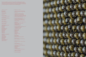 A two-page spread from a book. The left page contains publication credits in black and red text on a gray background. The right page features a close-up photograph of an artwork composed of hundreds of small, metallic jingle bells in alternating brass and nickel colors, arranged in a dense grid with a shallow depth of field.