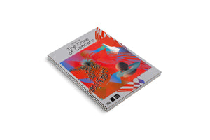 An angled photograph of a book titled The Cone of Concern by Haegue Yang, resting on a white surface. The cover features a colorful abstract artwork with red, orange, and blue geometric shapes and patterns, including a spiky sphere and a stylized figure. The book has an exposed, stitched spine.