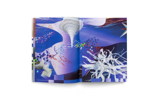An open book on a white surface, displaying a vibrant, abstract two-page artwork. The piece has a blue and purple background and features a white, tornado-like funnel descending from the top, streams of colorful pixels, and a chaotic mass of white, ribbon-like shapes in the lower right corner.