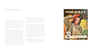A two-page book spread. The left page has the title Capturing Grace above two columns of text. The right page shows the March 1950 cover of Ladies' Home Journal, featuring a woman in a red hat and tan coat holding a bag of groceries at an outdoor market.