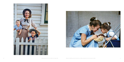 A side-by-side display of two vintage color photographs. On the left, from 1952, a woman in a hat holds a baby while her young son in a cowboy hat stands behind a white picket fence. On the right, from 1950, a mother in a blue dress leans down to affectionately touch foreheads with her young daughter in a stroller.
