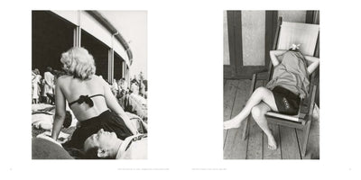 A diptych of two black and white photographs. On the left, a woman in a bikini top sits on a lawn, seen from behind, with a man resting his head near her. On the right, a woman relaxes in a wooden chair on a porch, her face covered by a cloth with a flower tucked into her hair.