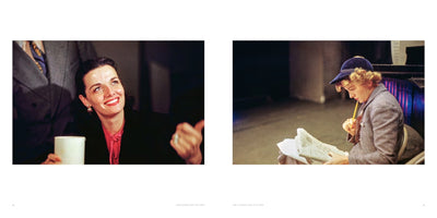 A side-by-side display of two color photographs from 1950. On the left, actress Jane Russell smiles with red lipstick, looking upward while holding a cup. On the right, actress Joan Fontaine, wearing a blue cap, looks down intently at a newspaper, holding a pencil to her lips in a thoughtful pose.