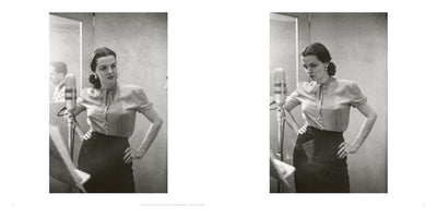 A black and white diptych showing actress Jane Russell in a recording studio in New York, 1950. In both images, she stands with her hands on her hips in front of a vintage microphone, wearing a silk blouse and a dark skirt. Her facial expression changes from pensive in the left photo to stern and displeased in the right.