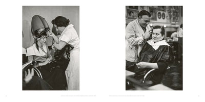 A diptych of two black and white photographs from a 1949 New York beauty parlor. On the left, a woman sits under a vintage hooded hair dryer as a stylist attends to her. On the right, a smiling male hairstylist gives another woman a haircut as she sits in a salon chair.
