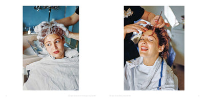 A diptych of color photos from 1952 shows actress Joan Taylor in a salon. On the left, she has a pensive expression as her hair, full of lather, is washed in a sink. On the right, she smiles joyfully with her eyes closed as a makeup artist carefully applies tint to her eyebrows with a small brush.