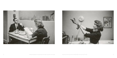 A two-panel, black-and-white photograph from 1949. The left panel shows a man in a suit giving a thumbs-up across a breakfast table to a woman who is reading. The right panel shows the woman at a kitchen sink, pulling on a rubber dish glove.