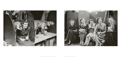 A black-and-white diptych of two photographs from a New York dog show in 1949. On the left, a woman sits in a cramped stall with three Weimaraner dogs. On the right, a group of five women sit together on a bench, smiling and socializing.