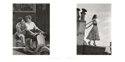 A book spread displaying two black and white photographs side-by-side. On the left, a candid 1951 photo from Florence, Italy, shows a smiling man and woman on a Vespa scooter. On the right, a 1947 photo from New York shows a model in a patterned skirt standing in profile on a rooftop next to chimneys.