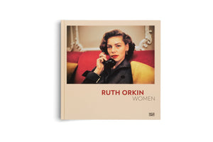 The cover of the photography book Ruth Orkin: Women, published by Hatje Cantz, set against a white background. The beige cover features a color photograph of a woman with styled hair and red lipstick, holding an old-fashioned black telephone receiver to her ear as she looks at the camera.