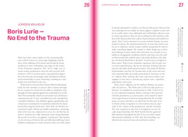 A two-page spread from a book, pages 26 and 27, featuring an article by Jürgen Wilhelm titled Boris Lurie — No End to the Trauma. The title is printed in large, bold magenta text on the left page. The two columns of text are separated by a thick, vertical magenta stripe running down the center of the spread.
