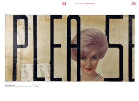 A page from an art book showing the 1973 collage Hard Writings: PLEASE by Boris Lurie. The word PLEASE is painted in large, bold, black letters on a distressed, light-colored background. A cutout image of a smiling woman with a pink bouffant hairstyle and a pearl necklace is placed behind the letters, her face looking out at the viewer.