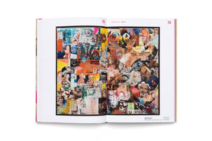 An open art book on a white surface, displaying a two-page spread of a colorful and chaotic collage by Boris Lurie. The 1963 NO!art piece, titled Big NO Painting, is a dense mix of vintage pin-up photos, advertisement clippings, text, and expressive paint strokes.