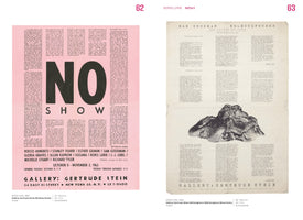 A book spread displays two vintage exhibition posters from the Gertrude Stein Gallery. The poster on the left, from 1963, is pink with the large black text NO SHOW. The poster on the right, from 1964, is off-white and creased, for an exhibition by Sam Goodman titled NO-SCULPTURES, and features a black and white photo of an amorphous sculpture.