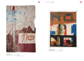 A page from an art catalog displaying two pieces by Boris Lurie. On the left, an abstract painting on wood titled NO with Lipstick features dripping red paint over white, blue, and brown sections. On the right, a collage titled NO with Mrs. Kennedy shows a photo of Jacqueline Kennedy amidst bold, colorful abstract shapes and fragmented letters.