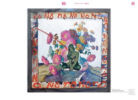 A page from an art book displaying the 1963 collage NO with Pinup and Flowers by Boris Lurie. The artwork features a green-tinted cutout of a woman among a vibrant bouquet of pink and yellow chrysanthemums. The piece has a distressed border with the word NO scrawled repeatedly in red paint.