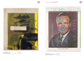 An art book spread displaying two works by artist Boris Lurie. On the left, an abstract collage from 1963 titled Altered Man (Cabot Lodge) features dripping black paint over a green and yellow background. On the right is the Altered Man (Cabot Lodge) NO Poster, showing a portrait of a man with translucent letters spelling NO and NON overlaid on the image.