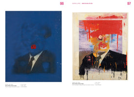 A two-page spread from an art book by Boris Lurie. On the left, his 1963 painting Altered Man (Cabot Lodge) depicts a man in a suit against a dark blue background, his face a shadow with a red abstract mouth. On the right, a collage version of the same subject shows the man's head replaced by chaotic drips of red and yellow paint and an upside-down photo cutout.