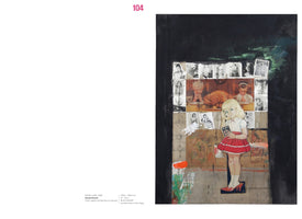 An art catalog page with page number 104, showing Boris Lurie's 1963 collage titled Susan Sweet. The artwork features a central cutout of a young blonde girl in a red skirt. Behind her, a photo of a family praying over a Thanksgiving turkey is framed by black-and-white pin-up photos, all set against a dark, painted background.