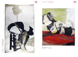 A page from an art catalog for Boris Lurie titled Fall from Grace, showing two artworks. On the left is a black and white abstract piece of a figure bent over a stool. On the right is an expressionist oil painting of a woman in lingerie lying on her stomach on a red surface. Both pieces are from 1963.