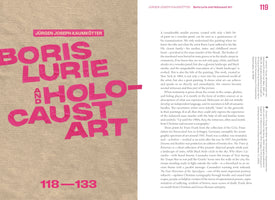 A two-page spread from an art book by Jürgen Joseph Kaumkötter. The left page, on textured brown paper, serves as a title page with large, bold, crinkled pink text reading Boris Lurie and Holocaust Art. The right page, page 119, is white and features the beginning of the essay text in black.