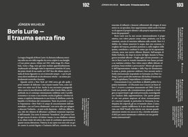 A two-page spread from a book, pages 192 and 193, showing an article in Italian. The piece, titled Boris Lurie – Il trauma senza fine by Jürgen Wilhelm, is presented with white text on a dark grey background. The layout features two main columns with numbered footnotes running vertically in the outer margins.