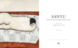 The cover of the book SANYU, His Life and Complete Works in Oil, Volume Two by Rita Wong. The cover is split in two, with the left side featuring a Sanyu painting of a nude woman with black hair lying on her stomach on a white sheet illustrated with animals. The right side lists the book's title and author on a plain white background.