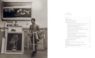 A two-page spread from an art book. The left page shows a black-and-white photograph of a smiling Asian artist in his studio, surrounded by his paintings. On the wall hangs a large painting of stylized animals. In the foreground, more framed works are stacked, one featuring a potted plant. The right page is the table of contents for Volume Two, detailing the catalogue raisonné and various art collections.