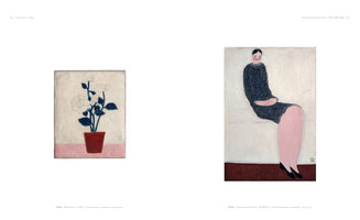 An art book spread featuring two paintings in a naive style. On the left is a still life of white roses with dark blue leaves in a red pot. On the right is a portrait of a seated woman wearing a speckled dark blue dress with large, bare pink legs and black shoes.