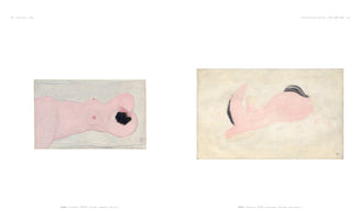 An art book spread displaying two minimalist paintings. On the left, a stylized pink nude figure with black hair reclines on a grey background. On the right, a stylized pink horse-like figure with a black mane is shown against a cream background.