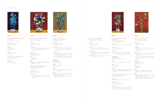 A two-page spread from an art catalogue, pages 48 and 49, displaying six different paintings of potted flowers and plants. Each painting is accompanied by a block of text in English, Chinese, and French detailing its provenance and other information.