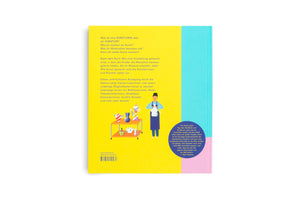 The back cover of a brightly colored book against a white background. The cover is mainly yellow with a light blue spine and a pink right edge. It displays German text and a cartoon illustration of an artist in an apron holding a vase, with a shelf of colorful pottery nearby. A quote from Yayoi Kusama appears in a dark blue shape on the pink section. A barcode and ISBN are visible at the bottom.