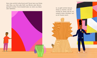 A colorful illustration from a book showing two Black people in a modern art gallery. On the left, a youth in an orange shirt looks at a large abstract painting with red and pink curves. On the right, an adult in a blue jumpsuit gestures toward a geometric painting and a large wooden sculpture, from behind which a small animal peeks out.