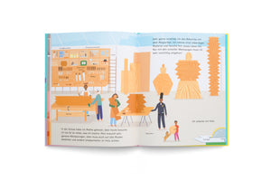 An illustrated two-page spread from a children's book depicting a busy woodworking workshop. A diverse group of adults and a child are sanding, carving, and carrying wood. The background features a wall with neatly organized tools, all labeled in German, and several large, abstract wooden sculptures. A small dog playfully jumps up at the child.