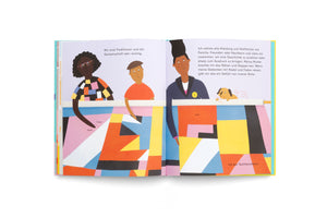 An open children's book with a colorful illustration spread across two pages. Three diverse people and a small dog are working together on a large, vibrant patchwork quilt made of geometric shapes. The text on the page is in German and describes the work of a textile artist.