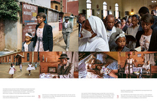 A two-page magazine spread with German text featuring a collage of photographs documenting a family's daily life. The images depict a mother and daughter walking down a street, a congregation inside a church, children playing outside, an elderly man sitting thoughtfully at a table, and intimate family moments at home.