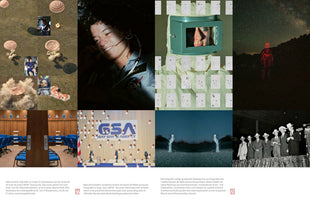 A two-page magazine spread with a grid of eight images exploring queer identity and space exploration. The layout features a portrait of astronaut Sally Ride, a press conference for the GAY SPACE AGENCY, and an empty hearing room with homophobic slurs on the chairs. Other surreal and archival images include a figure in a red glowing suit under the stars, a person in a hazmat suit covered in photos, and a vintage photo of men in cowboy hats.