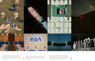 A two-page magazine spread featuring a collage of eight images exploring LGBTQ+ identity and space exploration. Key images include a smiling portrait of astronaut Sally Ride, a fictional press conference for the GSA Gay Space Agency, a person in a protective suit with a green visor, and a glowing red figure on a dark, rocky landscape under a starry sky. The collection mixes archival photos with surreal and staged photography to re-imagine space history.
