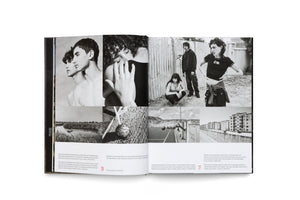 An open photobook seen from an angle, displaying a two-page spread with a collage of black and white photographs. The images depict scenes of youth and life in Tunisia, including intimate portraits, a group of young people by a corrugated fence, a man doing parkour, apartment buildings, and landscapes. English captions are printed below the photos.