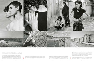 A black and white two-page magazine spread featuring a collage of photographs depicting youth in Tunisia. The images include intimate portraits of young people, a group in an urban setting, a man doing a backflip next to a sports court, an industrial waterway, and a long row of apartment buildings. French text captions are included below the photos.