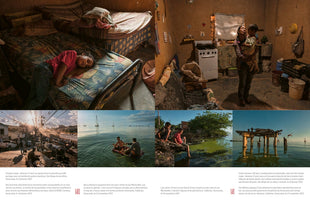 A photo-essay spread with six images depicting life and hardship in Venezuela. Two large photos at the top show a young girl resting on a bed in a modest room and a mother holding her child in a rustic kitchen. Below are four smaller images showing a city street under a tangle of power lines, men on a raft near oil derricks on a green lake, boys by the polluted shore, and a person diving from a dilapidated pier into the water.