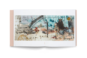 An open art book on a white background, displaying a two-page spread of a surreal, painterly scene. The artwork depicts a desolate interior with a staircase, where an emaciated figure sits next to a large, dark bear. The room is scattered with unsettling elements like a red teddy bear, animal skeletons, and cockroaches, with graffiti of a soldier's head on the wall.