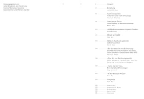 A two-page spread showing the table of contents from a book in German. The left page lists the editors, including Juliet Bingham and Jon Hendricks. The right page lists chapter titles and page numbers, with many entries concerning the artist Yoko Ono, such as Yoko Ono in Tokyo and PEACE is POWER. The layout is clean and minimalist with black sans-serif text on a white background.